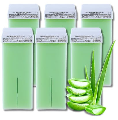 LALILL Aloe Wachspatronen 100ml x 6 - Roll on Wax - Wirksames Enthaarungswachs - Warm- Wachspatrone mit natürlichen Zutaten, Depilation, Körper, Gesicht, Beine, Roller, breit