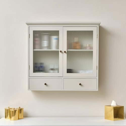 Melody Maison Pale Grey-Taupe Reeded Glass Wall Cabinet with Drawers