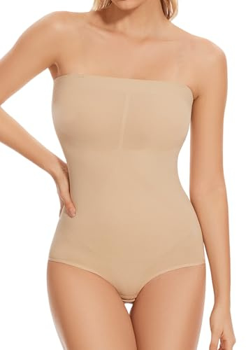 ONEW Body modellante a fascia senza spalline da donna con spalline rimovibili per il controllo della pancia, modellante per tutto il corpo, Beige, S