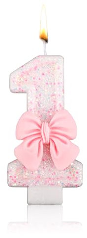 Velas con Números Rosas, Lazo Rosa Velas con Números Velas con Números de Cumpleaños Brillantes para Tartas Fiestas de Cumpleaños Bodas Aniversarios (Número 1)