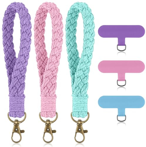 Mabor 3 correas de muñeca para teléfono, pulsera de cordón para teléfono celular con pestañas de sujeción para teléfono, hecha a mano, llavero de pulsera, correa universal, llavero, parche conector