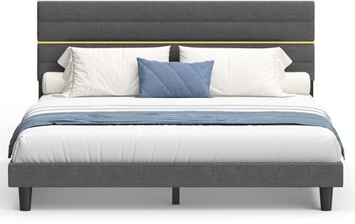 VASAGLE Polsterbett, Bettgestell, Doppelbettgestell, passend für 180 x 200 cm Matratze, verstellbares gepolstertes Kopfteil, Bettrahmen, Metall, Massivholz, modern, schiefergrau RMB508G01