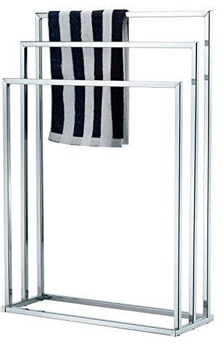 LIVHOME 3-Tier Chrome Towel Stand, Freestanding Square Towel Rail for Bathroom Storage, Free Standing Towel Holder for Hand Towels, Bath Towels, and Black Bathroom Accessories