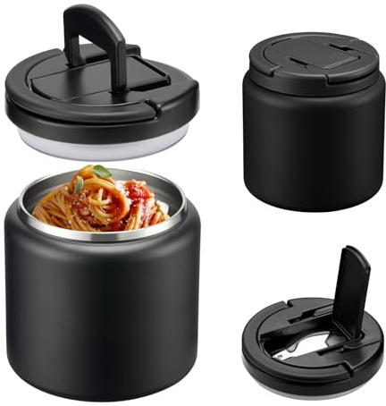 Itslife Termo para Comida 760ml, Recipiente Térmico para Comida Acero Inoxidable con Cuchara, Contenedor Térmico Fría y Caliente, Fiambrera Aislante para Picnic, Escuela y Oficina, Negro