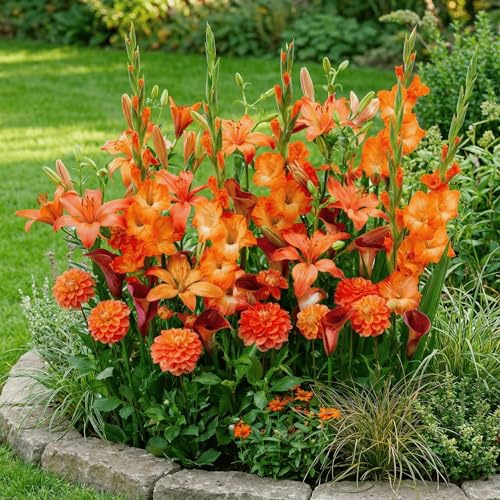 25 Fiori estivi Cipolle Arancio Carpet Mix (25 bulbi di fiori) Gladioli, Dalie, Gigli, Calla | Miscela esclusiva di Olanda | Piante perenni per giardino, vasi (grandi tuberi)