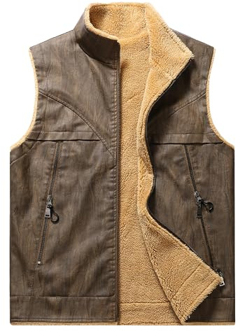 Fleece läderväst för män sherpa ärmlös jacka vinter PU-läder ytterkläder vänterock dragkedja quiltad väst, Brun, XL