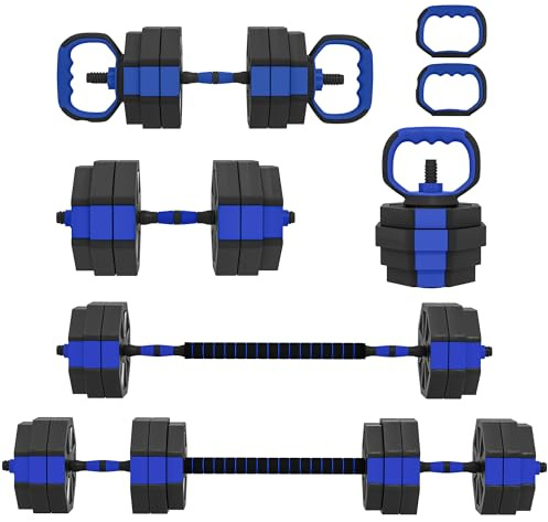 SPORTNOW Ensemble d'Haltères Musculation 6-en-1 Haltères Réglables 30 kg Antidérapantes, Kettlebell, Barre de Musculation ou Support pour Pompes pour Fitness à Domicile, Bleu et Noir
