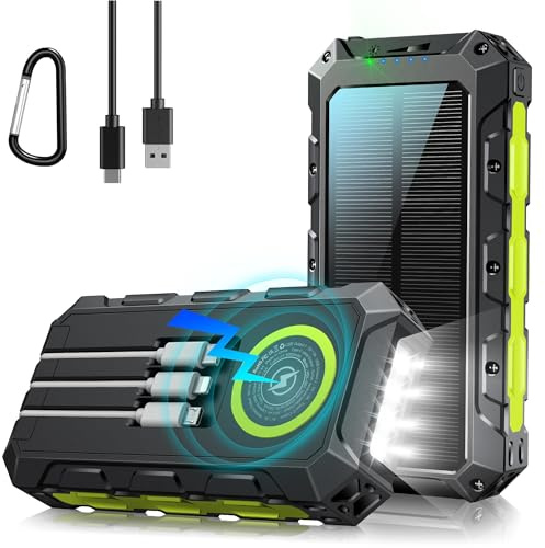 52800mAh Power Bank Solar con Carga Inalámbrica,Batería Externa de Carga Rápida de PD30W con 3 Cables 7 Salidas, Linterna LED y Pantalla Indicadora, Ideal para Camping y Actividades al Aire Libre