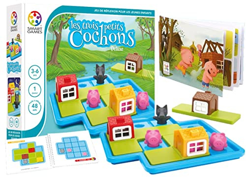SmartGames - Les Trois Petits Cochons - Jeu de Réflexion - Protégez Les Petits Cochons du Loup - Livre de Conte Illustré et Livret de 48 Défis Inclus - 1 Joueur - pour Enfants de 3 à 6 Ans