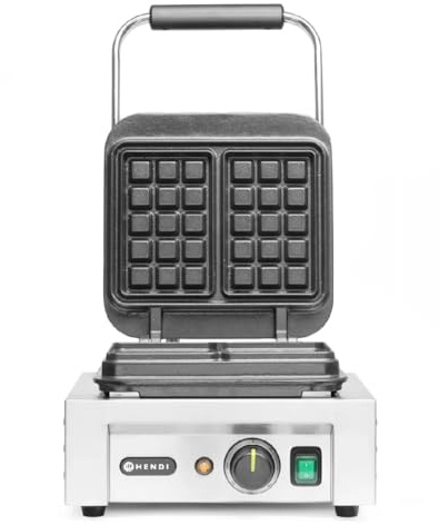 HENDI Waffeleisen 'Brüssel', Zwei 3x5 Quadrat-Muster, mit Waffelgabel, Temperatur stufenlos regelbar, antihaftbeschichtete Platten aus Gusseisen, 230V, 2200W, 320x437x(H)277mm, Edelstahl