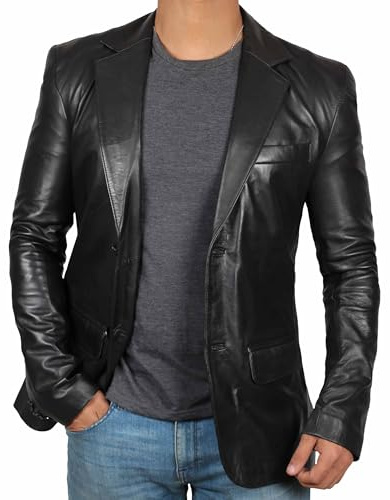 fjackets Veste en cuir pour homme — Blazer en cuir d'agneau véritable, manteau de sport à col cranté pour homme