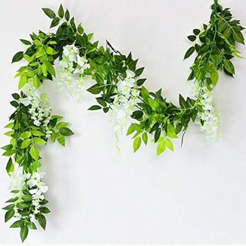 Yesoa 2 x 7FT Artificial Wisteria Vine Garland Plants Foliage Flower Hanging Flower Outdoor for Wedding Party Home Garden Wall Decoration, White