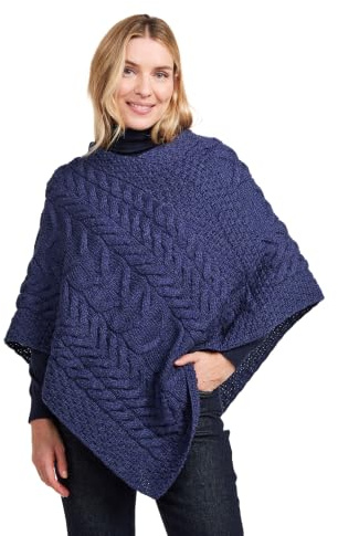 Aran Woollen Mills supermjuk snygg poncho av 100 % merinoull, blå, one size