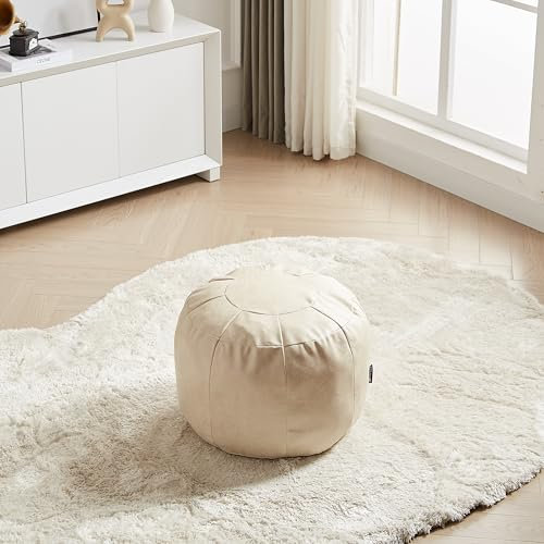 Louis Donné Ungefüllt Handgefertigt Marokkanischer Pouf Fußhocker Runden Hocker Sitzsack Fußhocker Kleiner Falthocker Lederkissen für Lagerung und Haus Dekoration (Weiß)