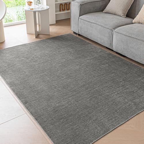 Ceneco Rug Living Room,Short Pile Rug for Bedroom,Grey Thin Rugs Living Room,Non Slip Washable Carpet for Kitchen,Low Pile Carpet for Kids,Lounge Area Rugs (Dark Grey, 140×200cm)