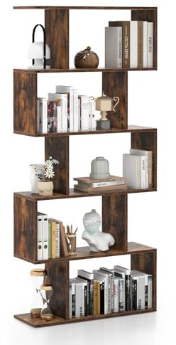 COSTWAY S-Shaped Wooden Bookcase, 5/6 Tiers Freestanding Storage Shelf, Home Office Industrial Decorative Bookshelf Display Stand Rack (Rustic Brown, 70 x 24 x 158 cm)