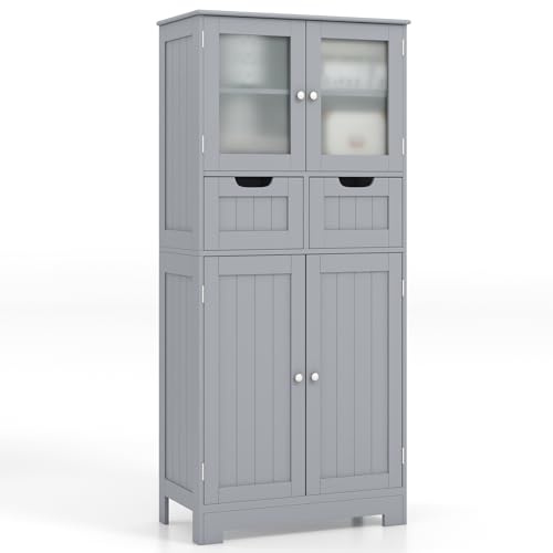 GIANTEX Badezimmerschrank, Badschrank mit 2 Schubladen, 4 Türen & verstellbaren Ablagen, 60 x 30 x 128cm, Aufbewahrungsschrank für Küche, Badezimmer & Wohnzimmer (Grau)