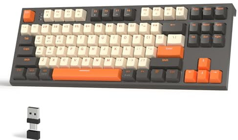 FREEWOLF M88 TKL Tastiera da Gioco Wireless, Tastiera Meccanica Bluetooth/2.4Ghz Sostituibile a Caldo, Ricevitore tipo C/USB A 2 in 1, Copritasti 87 PBT, Iinterruttore Rosso per PC/MAC - Penombra