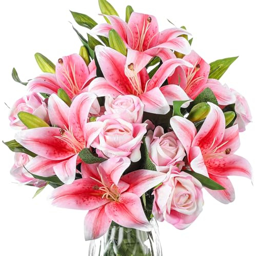 Hotop 20 Pcs Artificial Flowers Easter Velvet Realistic Roses and Latex Lilies Flowers Bouquet Decorations Arrangements for Home Table Centerpieces Wedding Decor(Pink)