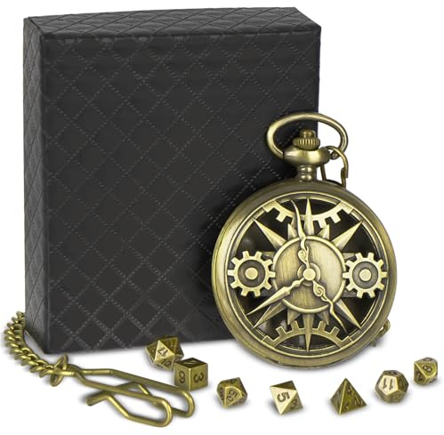 Suprbee Mini Dés DND avec Boîtier de Montre de Poche en Bronze Steampunk, Jeu de Dés D&D Polyédriques en Métal, Cadeaux Donjons et Dragons avec Boîte Cadeau pour Jeux de rôle Donjons et Dragons