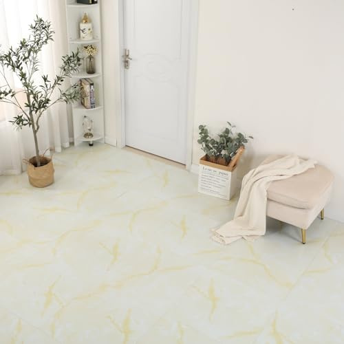 Gr8 Home 3.34m² Floor Tiles Self Adhesive Marble Stone Effect Square Planks PVC Flooring DIY Kitchen Bathroom Living Room (Gloss White Gold)