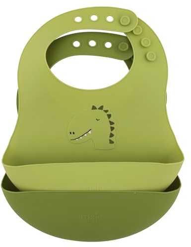 Trixie Mr. Dino - Baberos de silicona ajustables con bolsillo para recoger alimentos, suaves, impermeables y fáciles de limpiar, alimentación sin desorden para bebés y niños pequeños