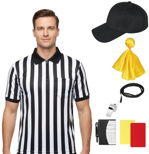 Tinyones Referee Shirt, Men's Black and White Striped Collar, Referee Card, Referee Hat, Free Throw Flag, Whistle (Large)