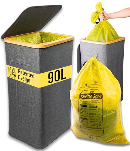 Deco haus® Support pour Sacs Jaune 90L [avec Sac supplémentaire] - Poubelle pour Sacs avec Couvercle - Système de Poubelle pour la Cuisine et la Maison - Déchets et Recyclage - Gris