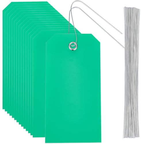 SOFPLATE 100 pz Etichette di Spedizione Verdi Etichette Vuote Impermeabili con Filo di Ferro Occhiello per Appendere Etichette di Identificazione Del Nome In Plastica Rettangolari Da 4.7 x 2.4 pollici