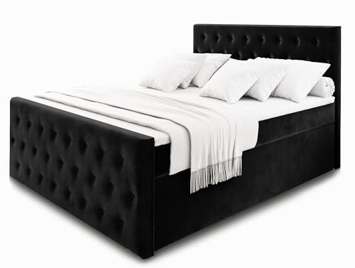 Masseno Boxspringbett FONDI 180x200 cm Komplett-Set mit Matratze und Topper, Polsterbett mit Zwei Bettkästen -Schwarz