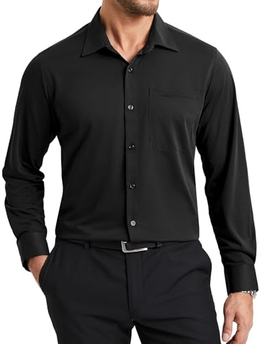 Enlision Camisas Negra Hombre Sin Plancha Stretch Manga Larga Camisa De Vestir Ajuste Regular Negocios Oficina Formal Funeral Cuello con Botones con Bolsillo L
