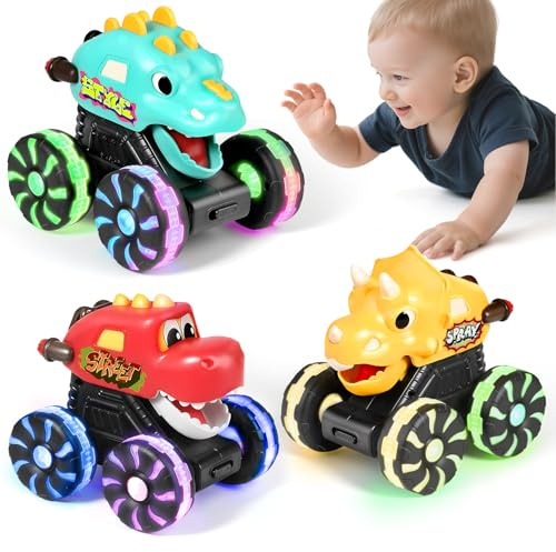MOONTOY 3 Pezzi Dinosauro Giocattolo con Luci, Monster Truck Press and Go, Macchinina Bambino 1 Anno, Regalo di Compleanno e Natale per Bambini e Bambine 1 2 3 Anni