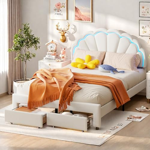 Générique Lit Enfant Fille 140x200cm, LED Lit Double Rembourré avec Tête de Lit en Forme de Pétale, Sommier à Lattes et Espace de Rangement, pour Adolescente Fille, Velours Blanc
