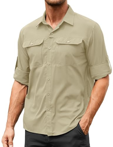 mosingle Mens Long Sleeve Sun Protection Shirt UV Quick Dry Breathable Fishing Safari Shirts for Hiking Walking Travel Camping #5062-Khaki-L