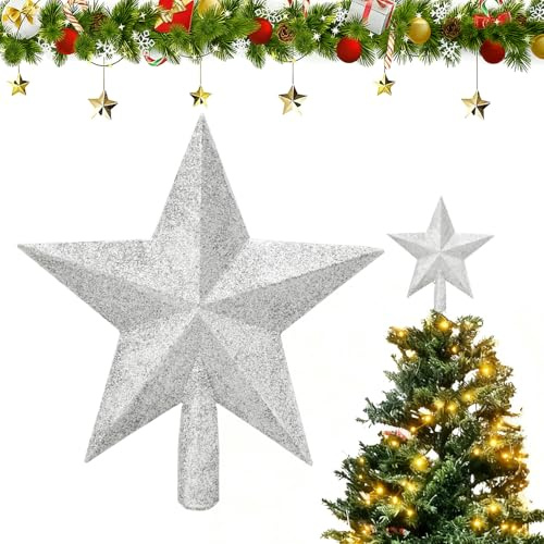 20cm Stella per Albero di Natale,Stellas Brillante,Decorazione Natalizia per La Punta dell'Albero Natales Natalizie Decorazioni Paillette Glitter d'Albero Topper argento