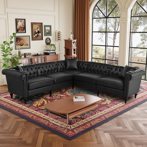 KEIKI 99 L-Shaped Luxury PU Leather Chesterfield Sectional Sofa with Rolled Arms and Nailhead, Mid-Century Style Oversized 5-Seater Button Tufted Couch, Easy Assembly, for Living Room, Black