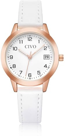 CIVO Orologio Donna in Pelle Bianco: Quarzo Analogico con Lancette Luminose
