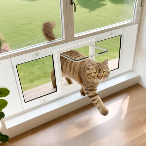 Cat Door for Window, Fits 27-32 Width Windows, Quick-Fit Pet Door Window Insert, 4 Locking Mechanisms, Magnetic Closure Window Cat Doors Safety & Weatherproof (27-32)