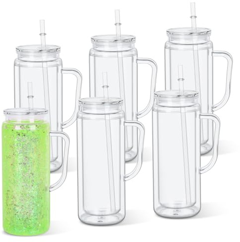20 Oz 6 Pack Acrylic Snowglobe Tumbler With Handle, Snow Globe Cups with Pre Drilled Hole, Double Wall Plastic Cup With Handle for Snow Globe Glitter DIY (Clear)