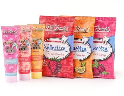 Dr. Bauer's Lovely Friends tandkrämsset för barn, 3 rör med glitter, 3 xylinetter godis, sockerfri, tandvänlig, utvecklad av tandläkare