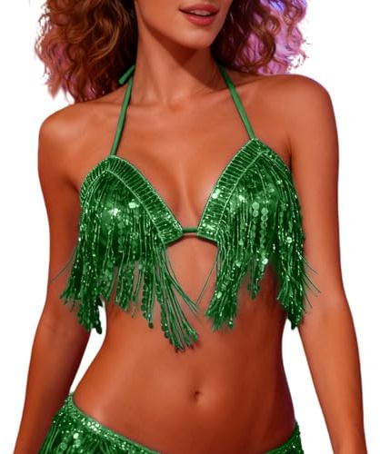 Generisch Sequin Fringe Bikini Top Belly Dance Costume Stage Wear for Party Show, Green, One Size
