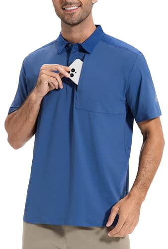 AMZSPORT Polo Uomo Manica Corta Sportiva Golf Tennis Zip Pocket Sport T-Shirt Asciugatura Rapida Traspirante per L'Ufficio con Colletto e Bottoni, Blu XL