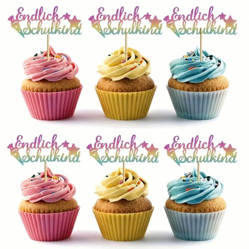 Koboko Äntligen skolbarn cupcake-topp, glitter regnbågsfärger, skoldekoration, 12 stycken