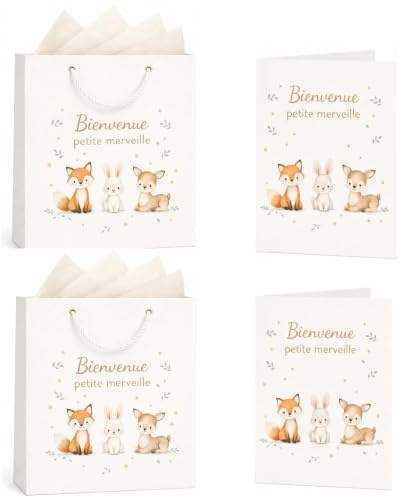 JOVYTH Bolsas de Regalo para Bebé – 2 Bolsas con 2 Papeles de Seda y 2 Tarjetas, Motivo Animales del Bosque, Regalo Niña y Niño, Ideal para Baby Shower y Bautizo – 26x22x10cm