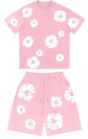 Ensemble 2 Pièces Homme T-Shirt et Short d'Été, Ensemble Jogging Décontracté avec Poches, Imprimé Fleuri Y2K Hip Hop Streetwear pour Sport et Loisir