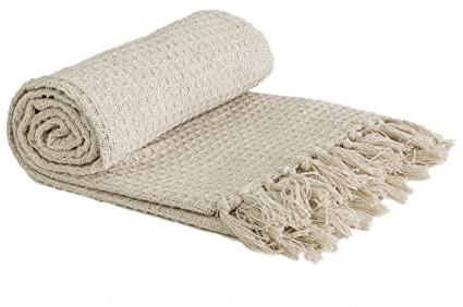 Emma Barclay Honeycomb - Recycled Cotton Plain Waffle Textured Chair Sofa Setee Throw Over Blanket in Ivory Cream - 50x60 (127x152cm)