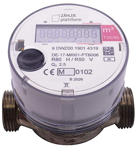 ZÄHLER plattform OMS - Contador de agua caliente Qn 1,5, longitud de construcción 80 mm, caudal 1/2 pulgadas, conector 3/4 pulgadas, calificación 2021, válida hasta 2026