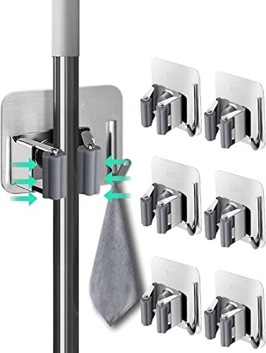 Henrycares 6-Pack Broom Mop Holder, Silver Stainless Steel Self Adhesive Broom Holder Mop Holder Wall Mounted with Hook Hanger for Kitchen, Bathroom, Closet, Garden Garage etc
