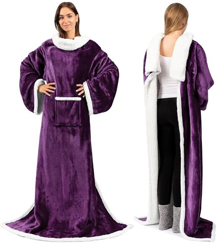 PAVILIA Sherpa Fleece Blanket with Sleeves Women Men Adult, Wearable Blanket Warm Soft Plush Thick, Snuggle Pocket Sleeved TV Throw Wrap, Cozy Ideas Mom Wife, Dark Purple