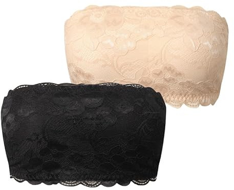 Cavotor Lace Strapless Bra for Women Wireless Bandeau Bra Seamless Padded Bralette Tube Top Sexy Stretchy Comfortable Bras with Clear Invisible Straps (Black+Beige,S)